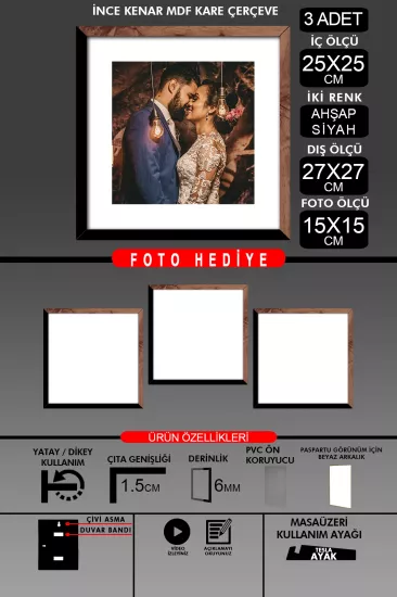 25x25 Çerçeve - İnce Çıtalı Çerçeve -Kare Çerçeve