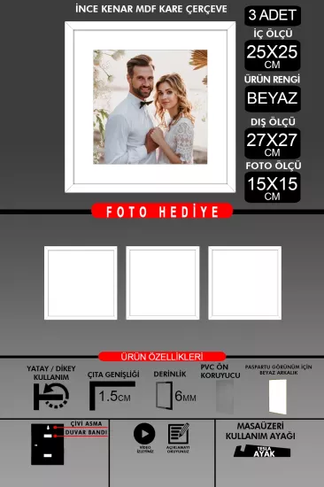 25x25 Çerçeve - İnce Çıtalı Çerçeve -Kare Çerçeve