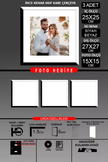 25x25 Çerçeve - İnce Çıtalı Çerçeve -Kare Çerçeve