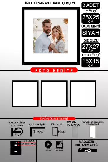 25x25 Çerçeve - İnce Çıtalı Çerçeve -Kare Çerçeve