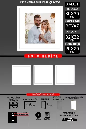 30x30 Çerçeve - İnce Çıtalı Çerçeve -Kare Çerçeve