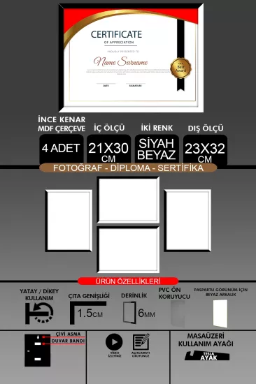 21x30 Çerçeve - İnce Çıtalı A4 Çerçeve