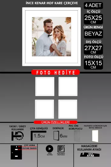 25x25 Çerçeve - İnce Çıtalı Çerçeve -Kare Çerçeve