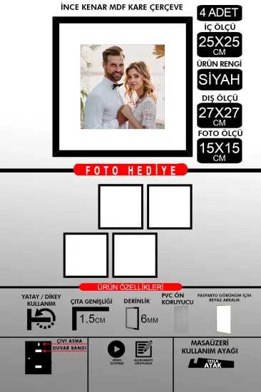 25x25 Çerçeve - İnce Çıtalı Çerçeve -Kare Çerçeve