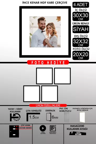 30x30 Çerçeve - İnce Çıtalı Çerçeve -Kare Çerçeve