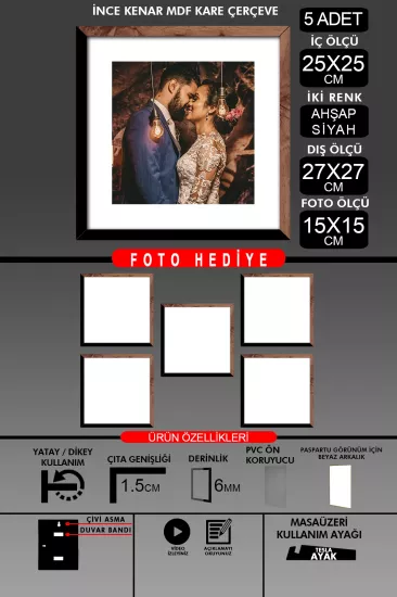 25x25 Çerçeve - İnce Çıtalı Çerçeve -Kare Çerçeve