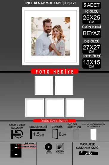 25x25 Çerçeve - İnce Çıtalı Çerçeve -Kare Çerçeve