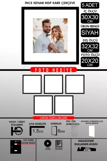 30x30 Çerçeve - İnce Çıtalı Çerçeve -Kare Çerçeve