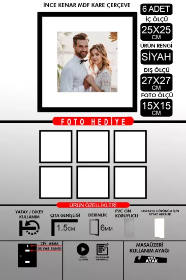 25x25 Çerçeve - İnce Çıtalı Çerçeve -Kare Çerçeve