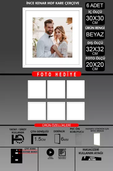  30x30 Çerçeve - İnce Çıtalı Çerçeve -Kare Çerçeve