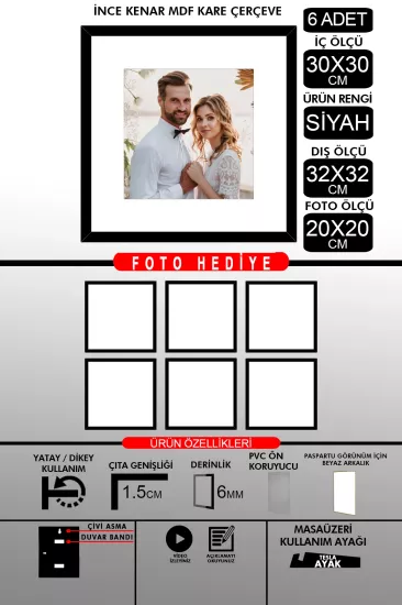  30x30 Çerçeve - İnce Çıtalı Çerçeve -Kare Çerçeve