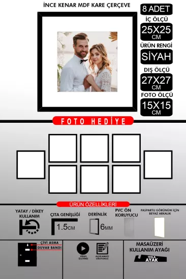 25x25 Çerçeve - İnce Çıtalı Çerçeve -Kare Çerçeve