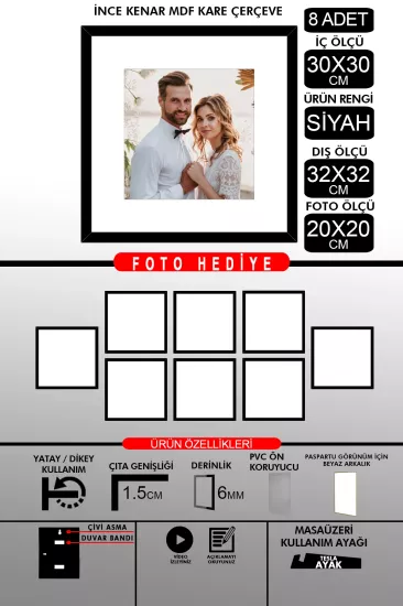 30x30 Çerçeve - İnce Çıtalı Çerçeve -Kare Çerçeve