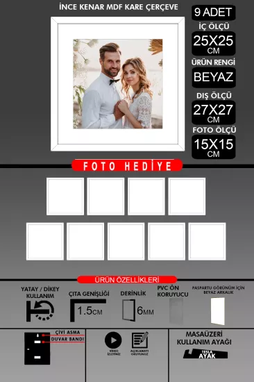25x25 Çerçeve - İnce Çıtalı Çerçeve -Kare Çerçeve