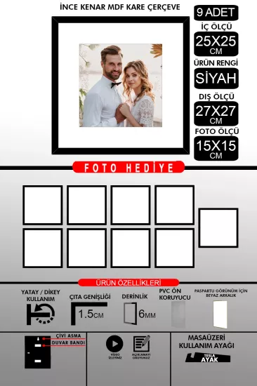 25x25 Çerçeve - İnce Çıtalı Çerçeve -Kare Çerçeve