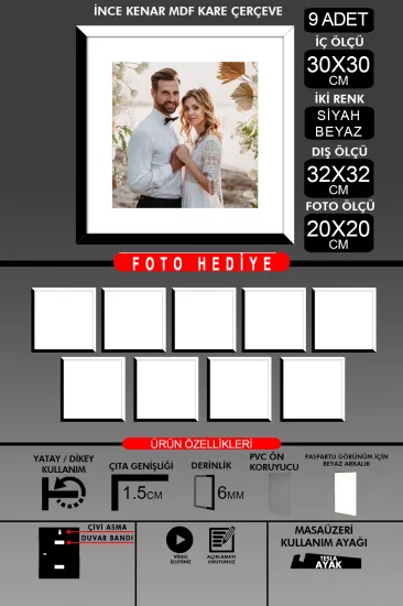  30x30 Çerçeve - İnce Çıtalı Çerçeve -Kare Çerçeve